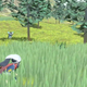 A trainer hiding in the tall grass to survey Pokémon.